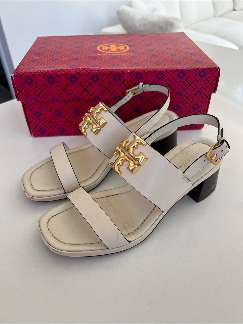 Tory Burch eleanor cream ivory open toe heeled sandals gold tone hardware 7.5
